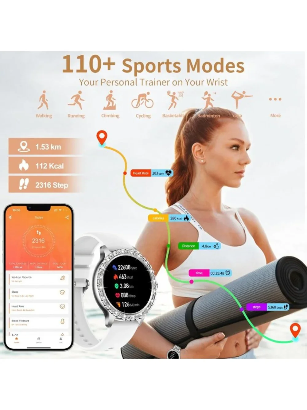 Stylish Diamond Smart Watch for Women, Full Screen Fitness Tracker, Heart Rate